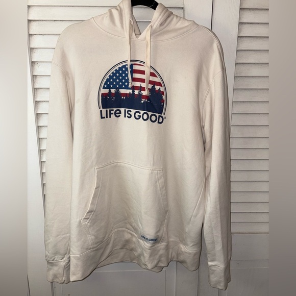 Life is Good Men’s American Flag Logo Hoodie Beige Size Large - Picture 2 of 7